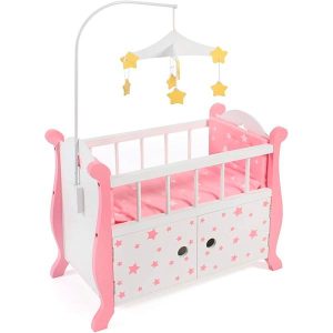 Cama de Madera para Muñecas Estrellas Rosa