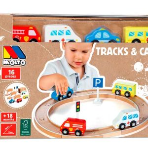 Set camiones y coches madera 16 pza